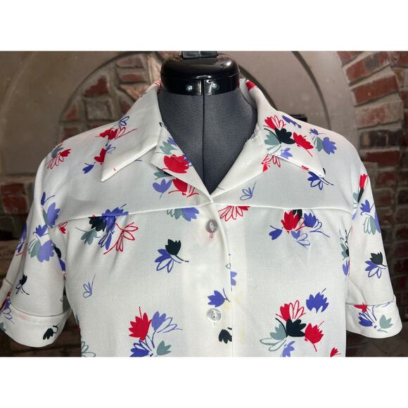 button down shirt 1960’s floral white purple red short sleeve - Picture 6 of 14